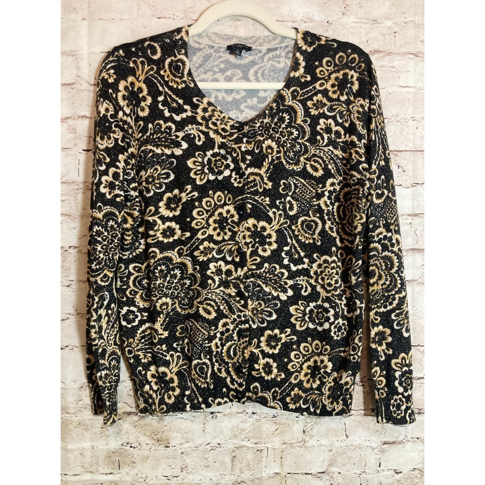 Talbots Cardigan Sweater Womens Large Petite Black Gold Glitter Floral Knit